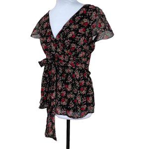 Floral wrap short sleeve chiffon top